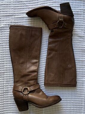 Frye brown leather harness buckle knee high heeled zippered boots
